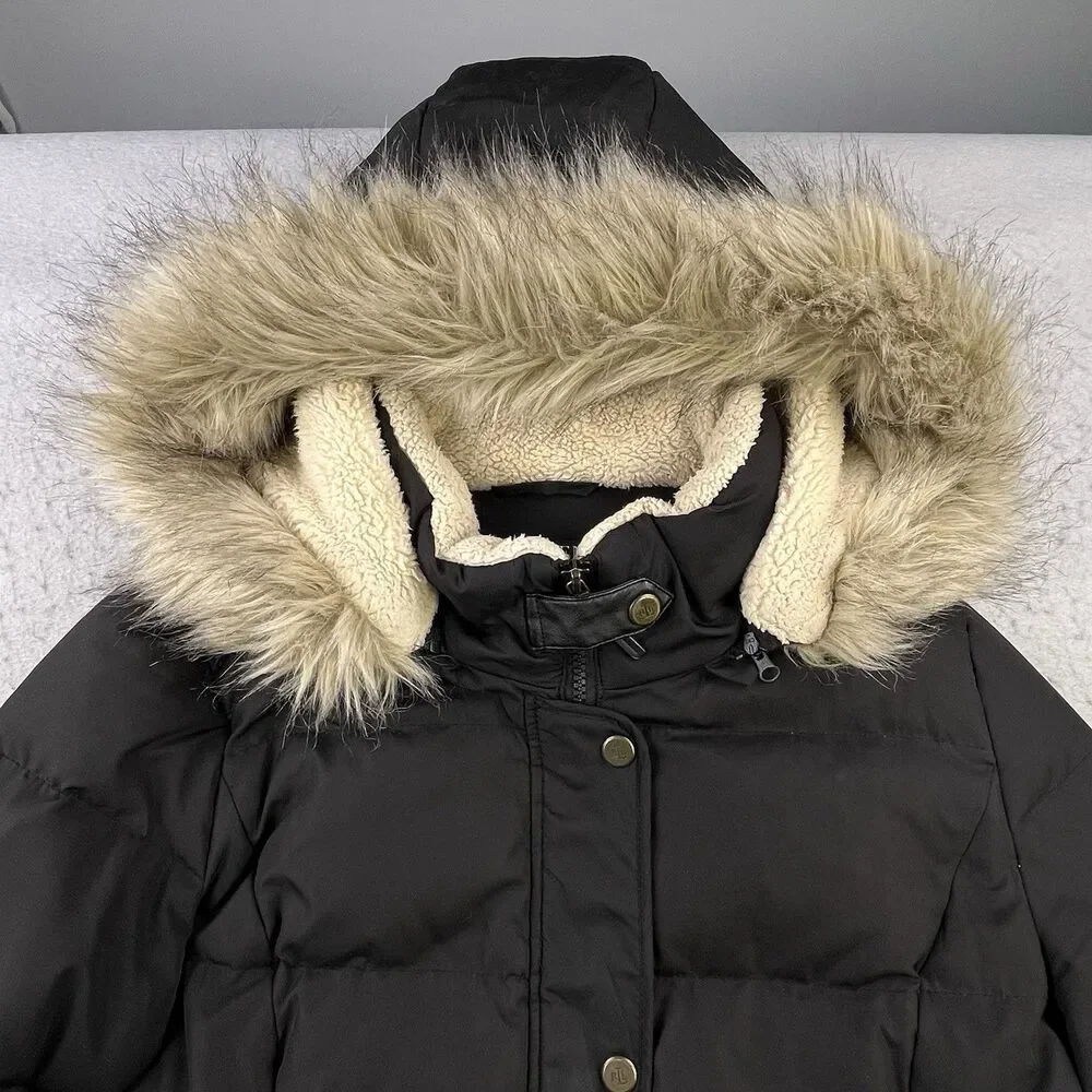 Lauren Ralph Lauren Down Puffer Coat Women's S Black Feather Removable Fur Hood